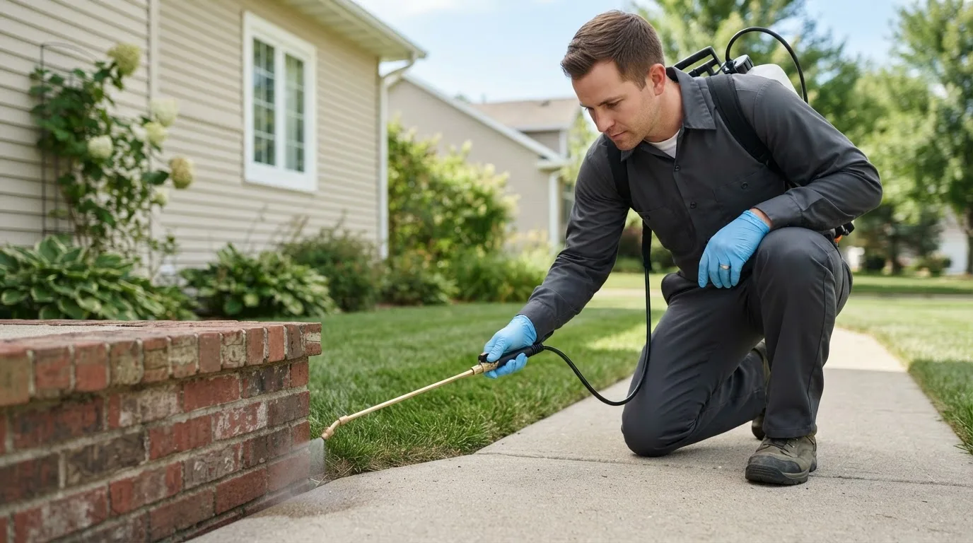 Pest control technician treating a home near State Line, MS
